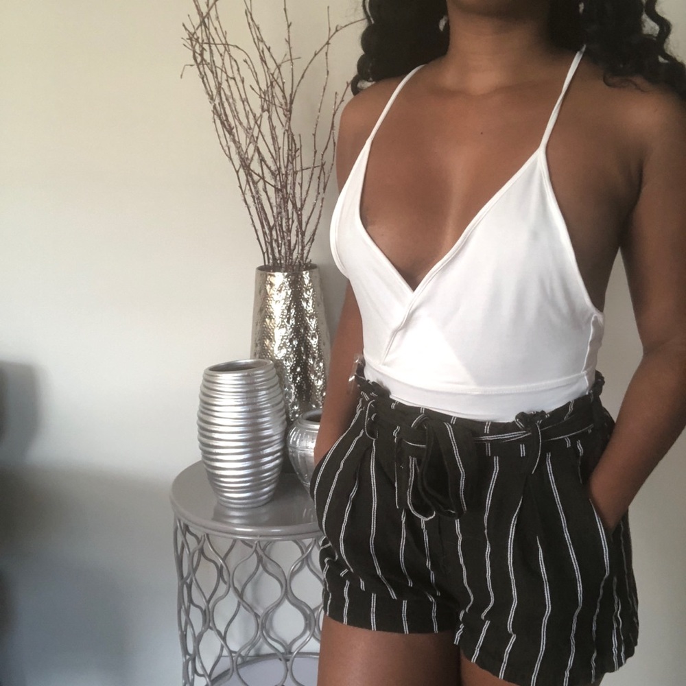 Olive & White Striped High waisted Shorts